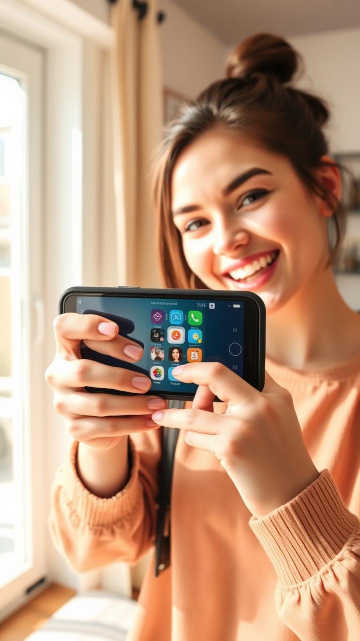 Creator showing an app interface on her phone screen